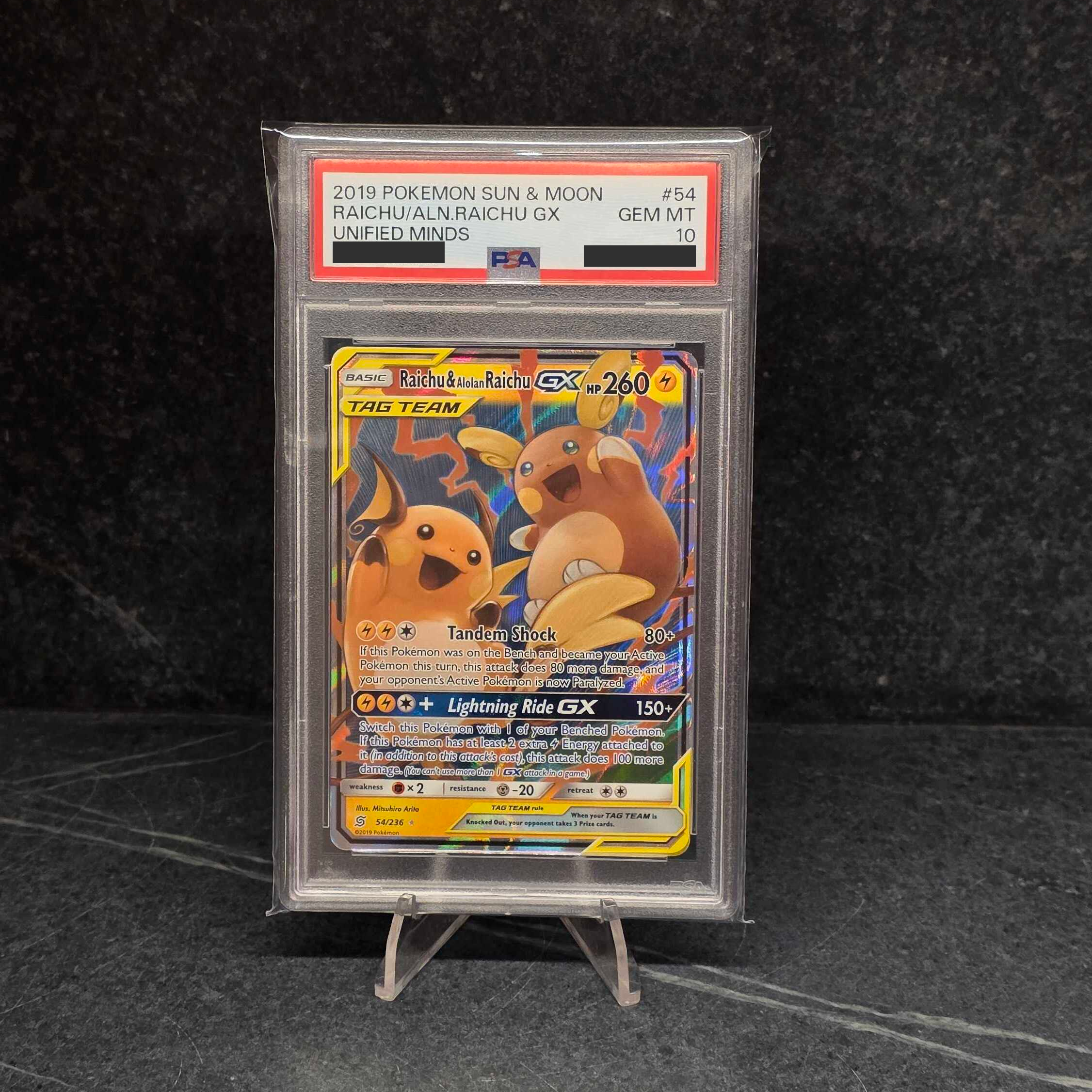 Raichu & Alolan Raichu GX (54/236) - PSA 10 The Trainer Court Raichu & Alolan Raichu GX (54/236) - PSA 10 The Trainer Court